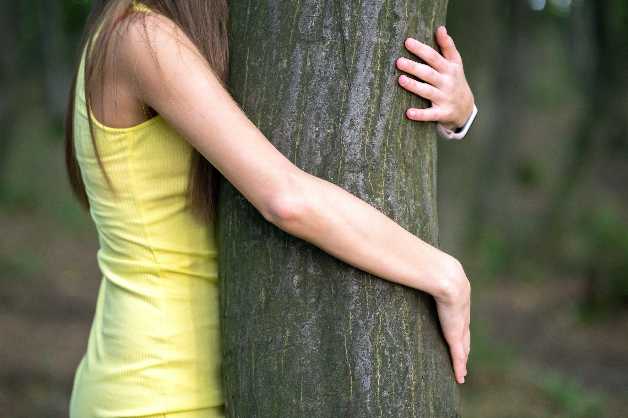 Young woman leaning to tree trunk hugging it with her hands in summer forest